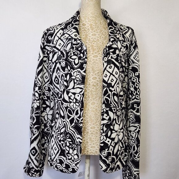 Croft& Barrow Women's SZ XL Black White Linen Blend Button Down Jacket Casual - Picture 1 of 16